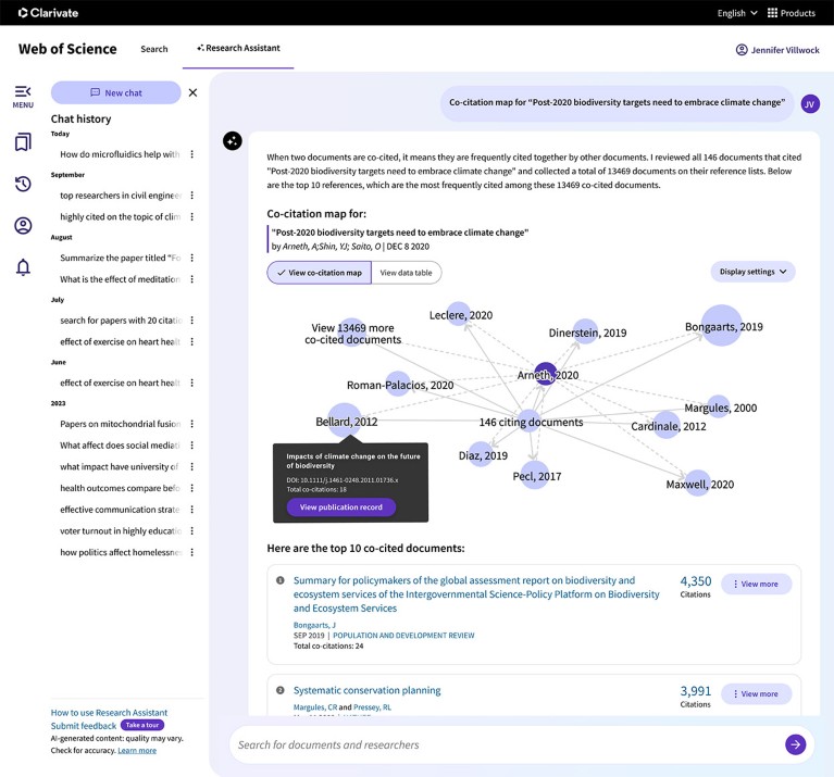 Captura de tela da interface da plataforma Web of Science da Clarivate.