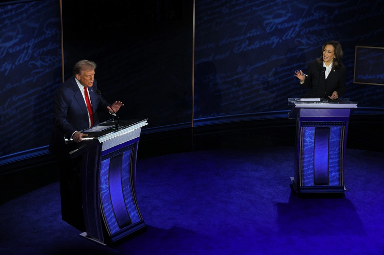 Republican presidential nominee Donald Trump and Democratic presidential nominee Kamala Harris at a presidential debate onstage.