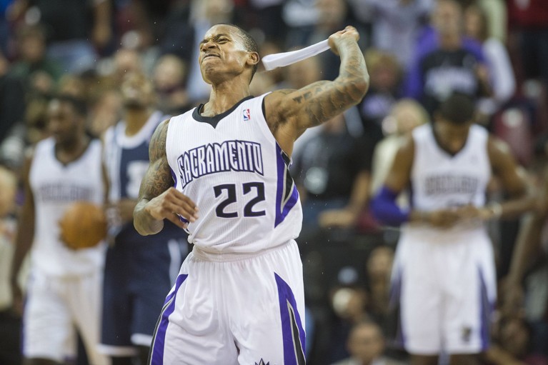 The Sacramento Kings' Isaiah Thomas (22) reacts by throwing his head band in the air after missing a 14-footer to end the game during the Kings 97-95 loss against the Oklahoma City Thunder.