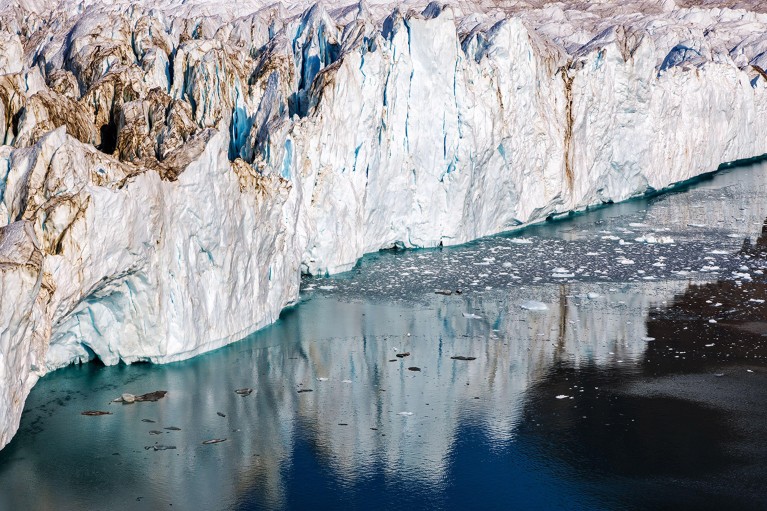 Front view of the terminus of Hisinger Glacier at the Dickson Fjord in the Northeast Greenland National Park.