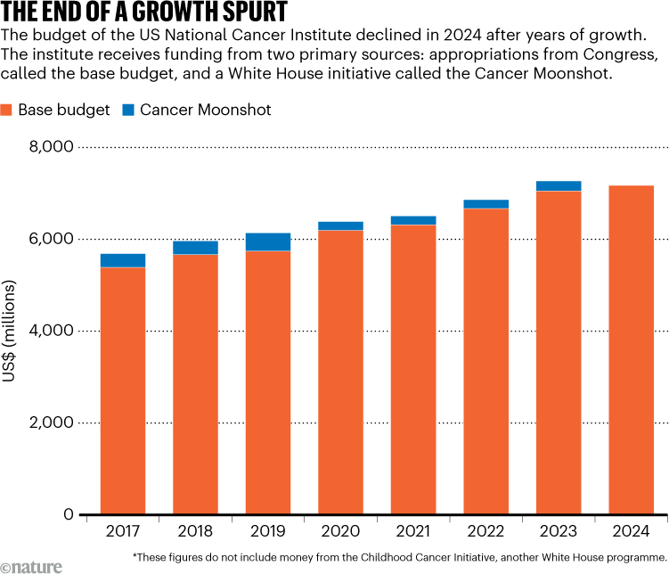 THE END OF A GROWTH SPURT. Graphic shows he budget of the US National Cancer Institute declined in 2024 after years of growth.