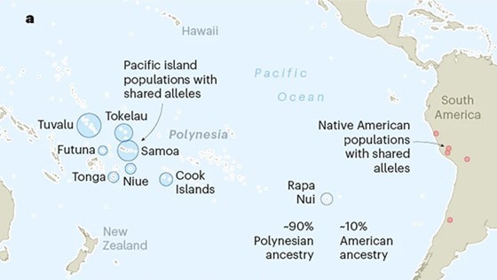 A map illustrating Pacific Ocean populations with shared genetic ancestry.