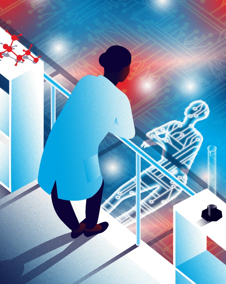 Illustration of a scientist leaning over a barrier looking down at a reflection which is made up of electronic circuits