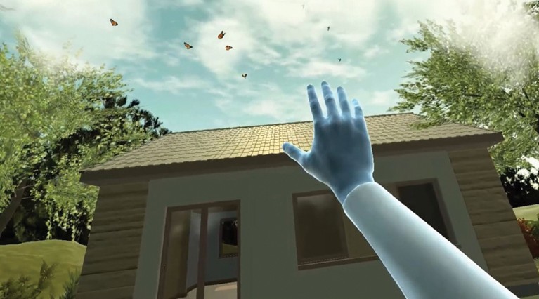 A virtual reality hand is raised to a sunny sky towards fluttering butterflies in a rural setting