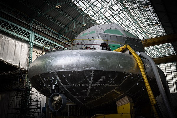 This photograph shows the 'Tara Polar Station', in construction, at the CMN (Construction Mecanique de Normandie), in Cherbourg, northwestern France.