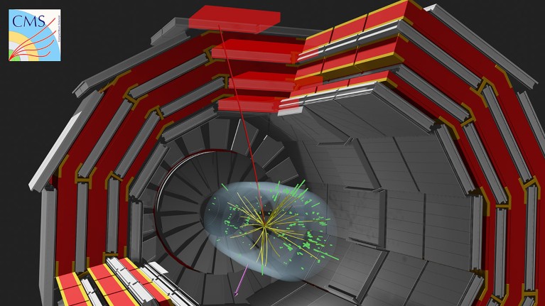 Ilustración generada por computadora de un evento de colisión candidato de CMS con un bosón W descomponiéndose en un muón (línea roja) y un neutrino que escapa a la detección (flecha rosa).