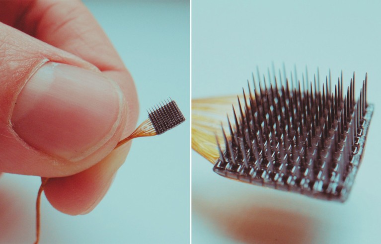 Utah Array with hand, and close-up of the Utah Array, a microelectrode array consisting of 100 electrodes between 0.5 and 1.5 mm in length.