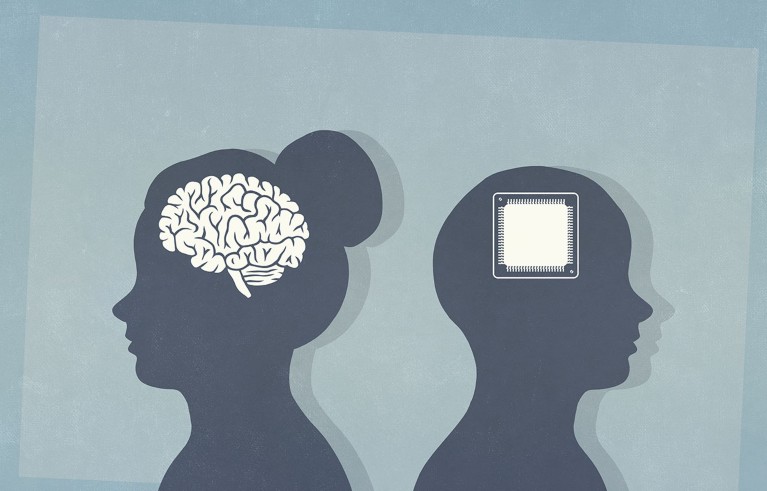 An illustration of a brain and a computer chip overlaid on two silhouetted heads.