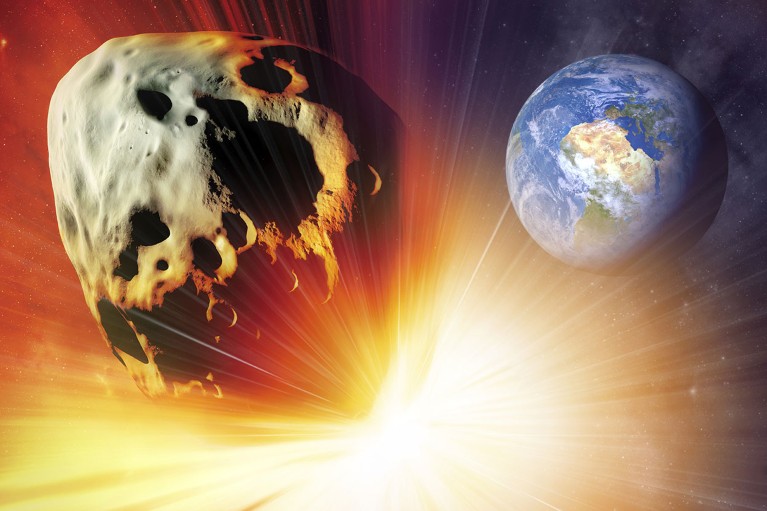 An artist's impression of an asteroid deflection using a nuclear explosion.