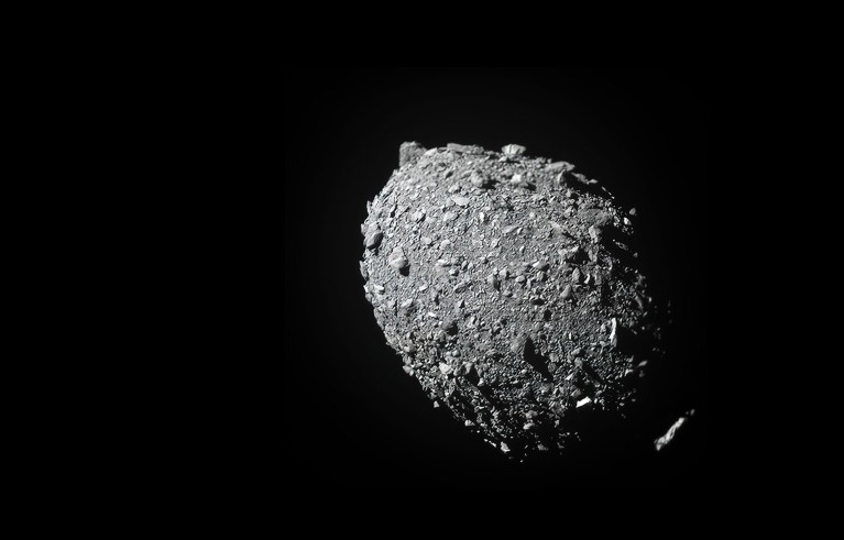 Asteroid moonlet Dimorphos as seen by the DART spacecraft 11 seconds before impact.