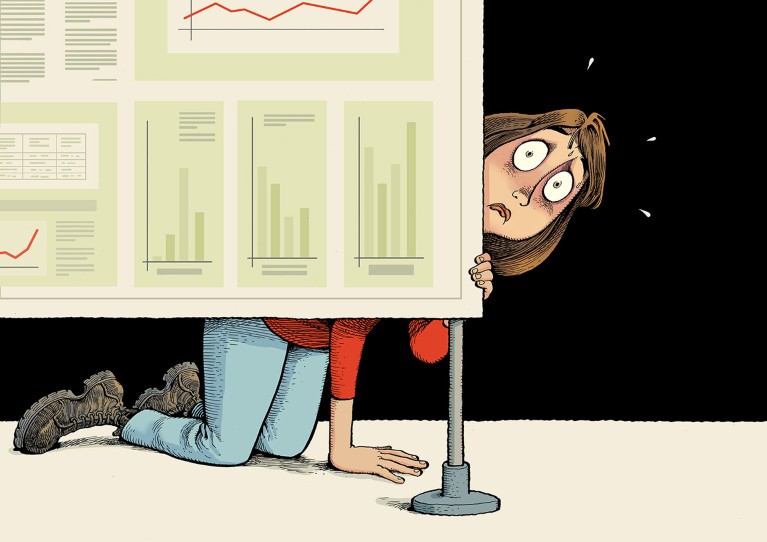 Cartoon showing someone cowering behind their scientific poster.