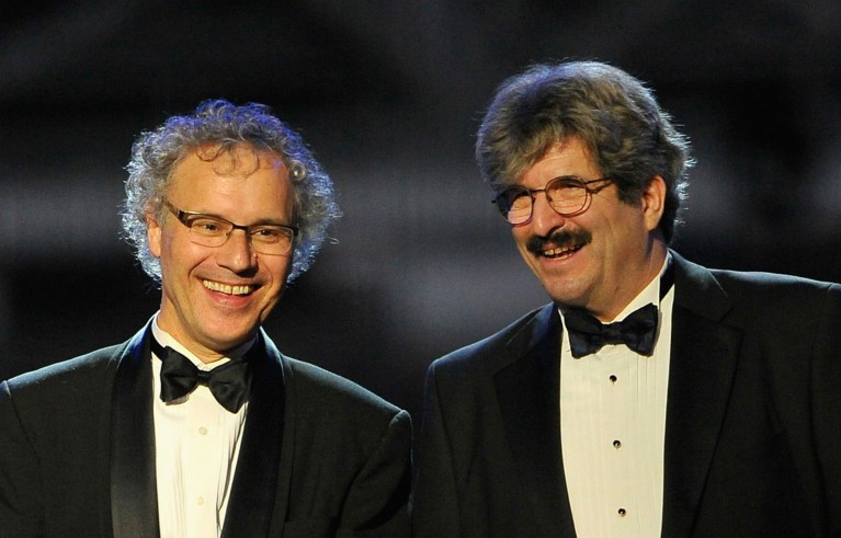 Victor Ambros and Gary Ruvkun onstage during the Breakthrough Prize Awards Ceremony in 2014.