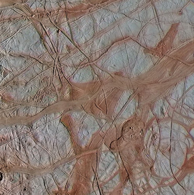 A close-up of Jupiter's moon Europa reveals details of diverse surface features.