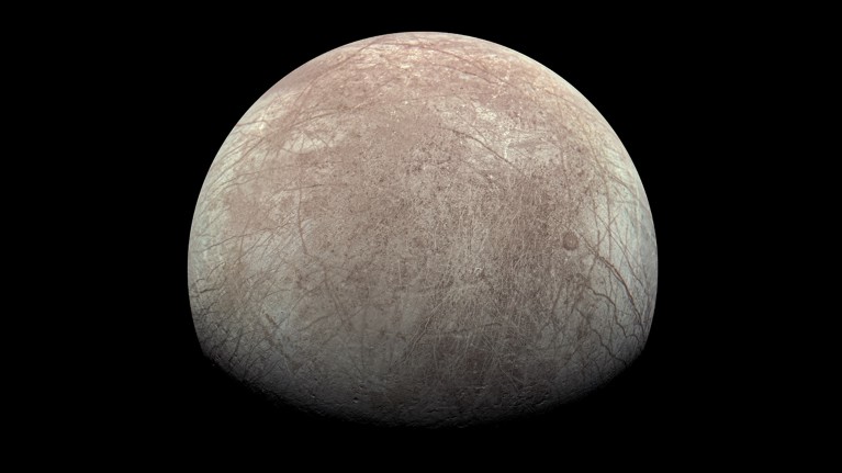 Jupiter's icy moon Europa, captured by JunoCam aboard NASA's Juno spacecraft, during a close flyby on Sept. 29, 2022.