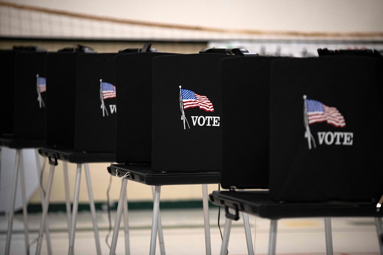 Voting booths set up at an elementary school's polling station in Eagle Pass, Texas, U.S.