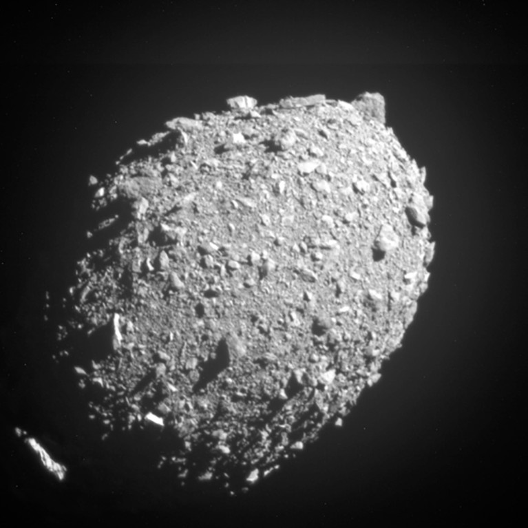 Asteroid moonlet Dimorphos as seen by the DART spacecraft 11 seconds before impact.