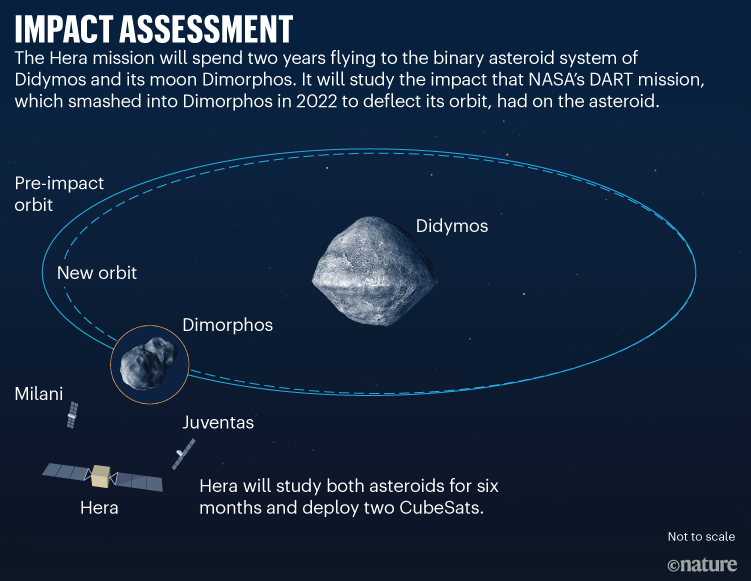 IMPACT ASSESSMENT. Graphic shows the HERA mission which will study the asteroids Dimorphos and Didymos for six months.