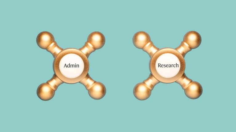 Two tap heads seen from above one labelled 'Admin' and the other labelled 'Research'