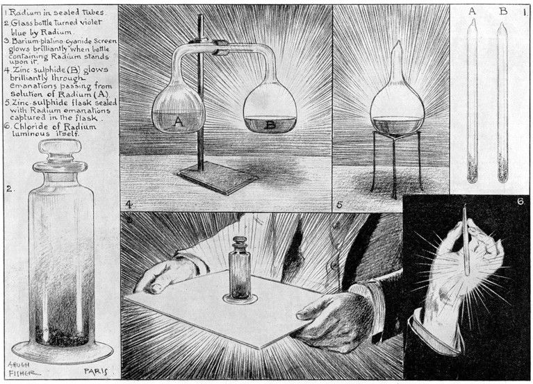 Drawing of the element Radium with hands of someone handling it.