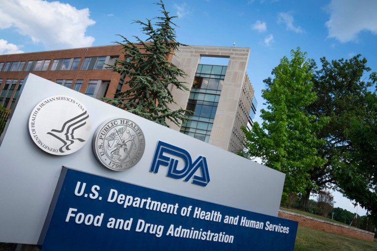 Close-up of the sign for the Food And Drug Administration outside of the headquarters