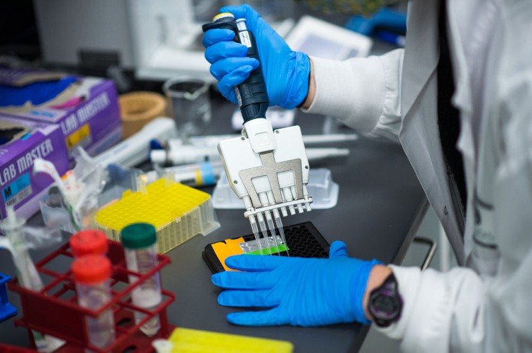 Close-up of a scientist working in a lab