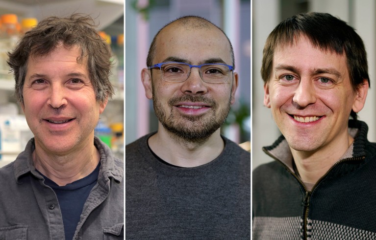 Composite image of headshots of David Baker, Demis Hassabis and John Jumper.