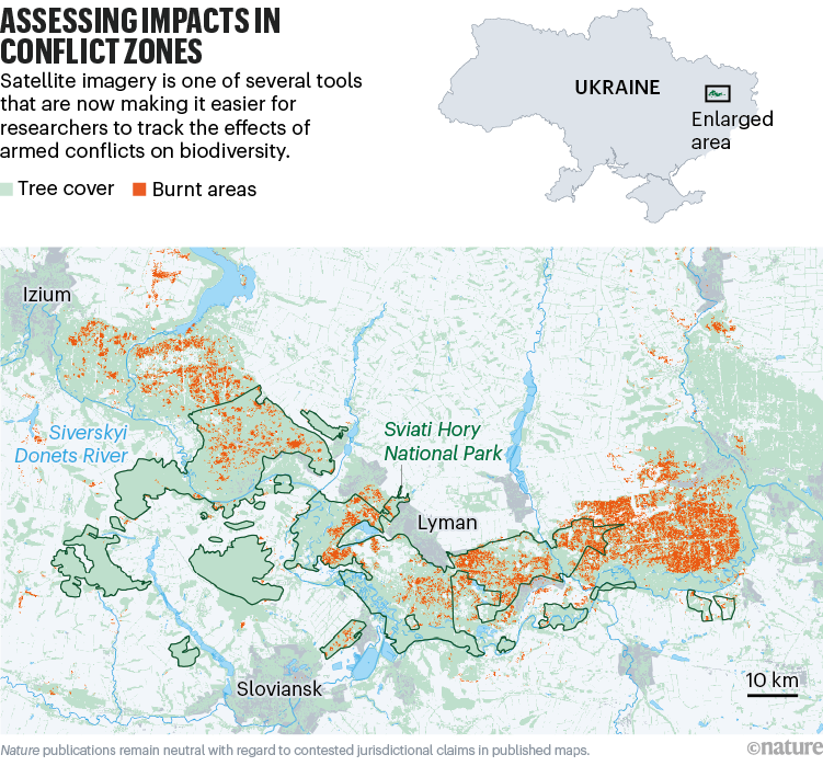 ASSESSING IMPACTS IN CONFLICT ZONES. Map showing extent of the burnt areas in the Sviati Hory National Park in Ukraine.