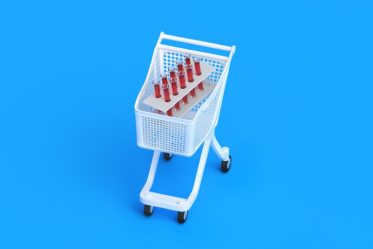 A shopping cart containing test tubes on a blue background