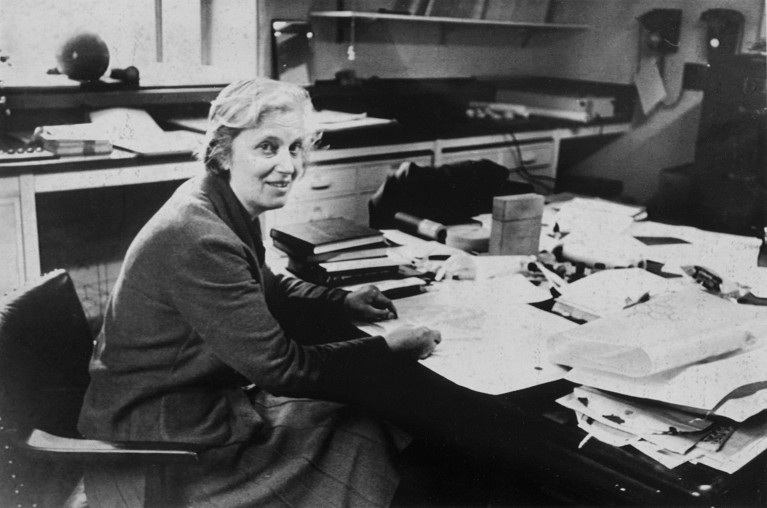 Professor Dorothy Mary Hodgkin pictured working at her desk in the 1960s.