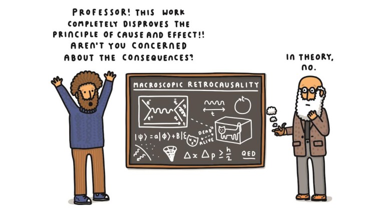 A cartoon depicting two men next to a blackboard covered in scientific notes with one man saying "PROFESSOR! THIS WORK COMPLETELY DISPROVES THE PRINCIPLE OF CAUSE AND EFFECT!! AREN'T YOU CONCERNED ABOUT THE CONSEQUENCES?" and the other saying "In theory, no".