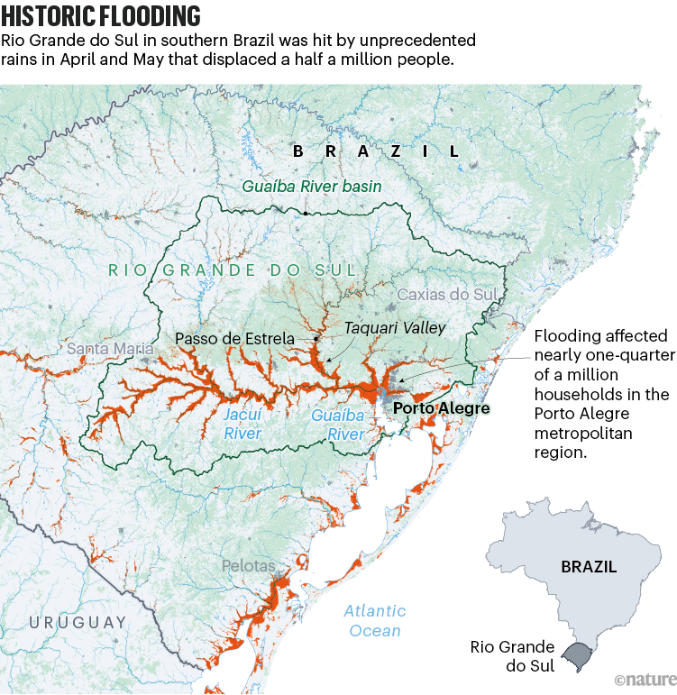 Historic flooding. Map of Rio Grande do Sul showing areas affected by flooding in April and May 2024.