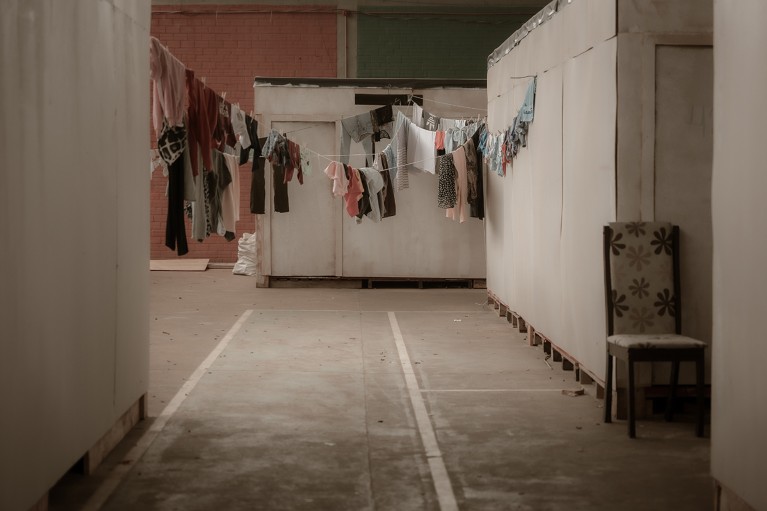 Clothing hanging to dry inside a shelter in Encantado, after the floods in Rio Grande do Sul, Brazil in July 2024.