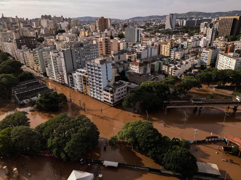 An aerial view of a flooded section of the city Porto Alegre, Rio Grande do Sul state, Brazil, on May 8, 2024.