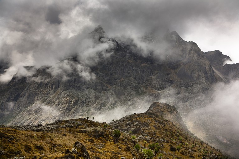 Mountt Stanley at 5000 metres is hidden behind clouds as seen from Lake Ruhandika in Uganda.