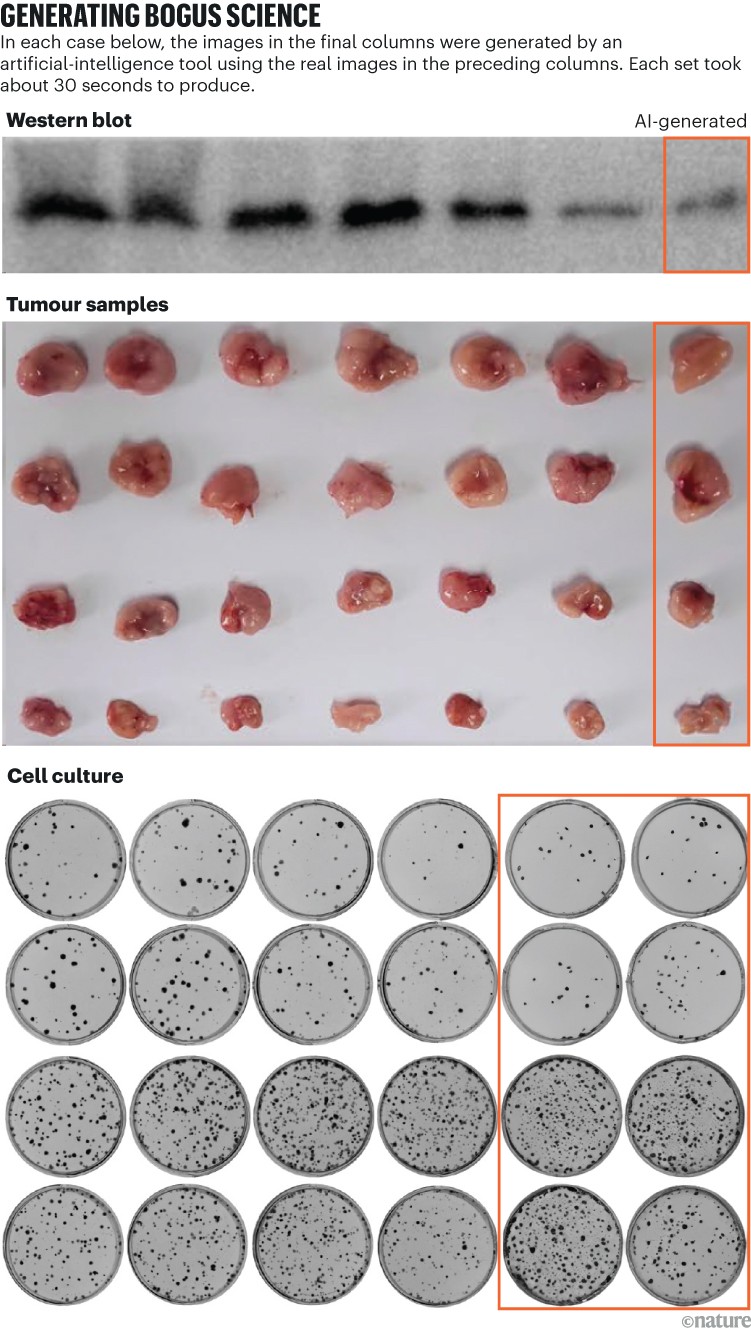 Generating bogus science: Examples of AI-generated western blot, tumour sample and cell culture images.