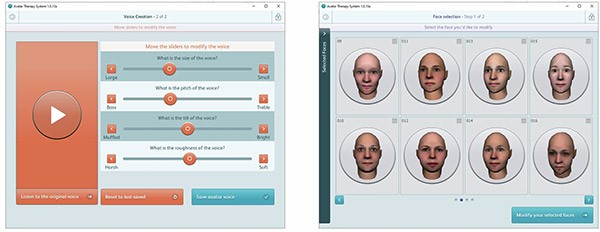 Two screenshots of the user interface of the Avatar Therapy System, one showing options for personalising the avatar’s voice and one showing options for personalising its face.