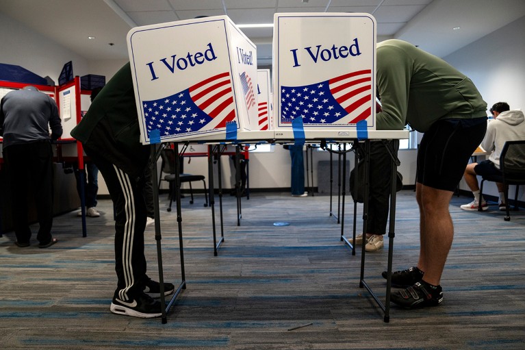 Voters mark their ballots in private booths during early voting at a polling location in Virginia, U.S. in 2024.