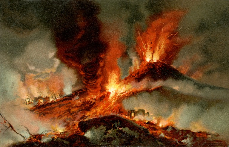 An artists' impression of Mount Vesuvius erupting near Pompeii