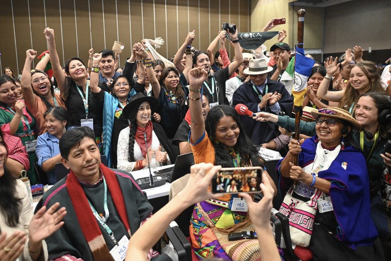 Miembros de comunidades indígenas de varios países reaccionan tras lograr representación en la cumbre COP16 en Cali, Colombia, 2024.