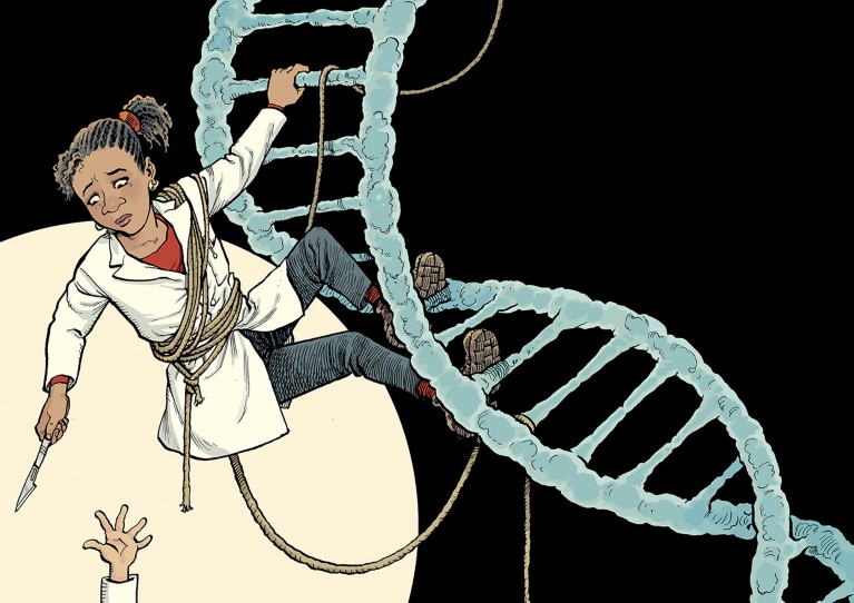 Cartoon showing a scientist climbing a ladder made of DNA cutting a climbing rope with a hand reaching up from below.