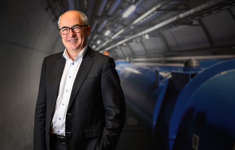 Designated Director-General of the European Organization for Nuclear Research, (CERN) British physicist Mark Thomson poses for a portrait at the organization's offices.