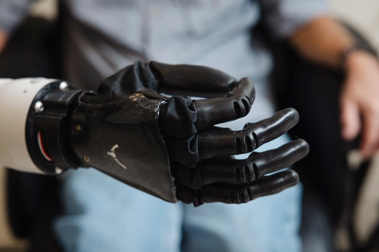 A close up of the robotic hand