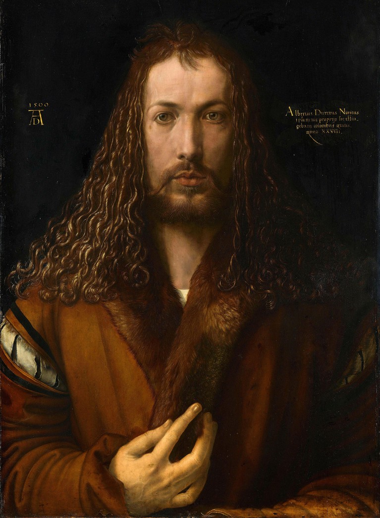 A painting of Albrecht Dürer with long brown hair holding his hand on this brown coat.