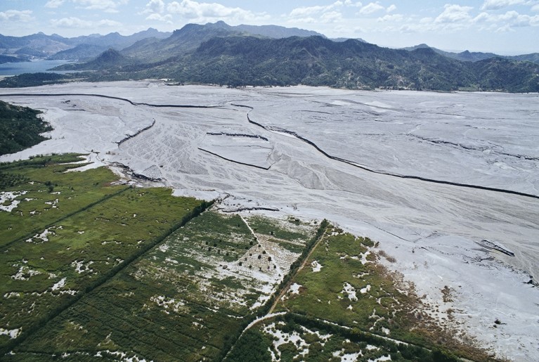 Ash and lahar accumulation covering a river valley near the slopes of Mount Pinatubo following its 1991 eruption.