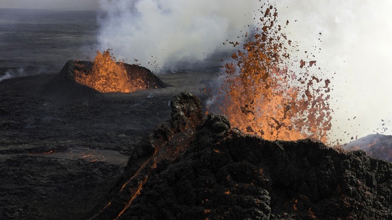 Lava spews from several sites on the Sundhnúkur volcano on the Reykjanes peninsula, Iceland in 2024.