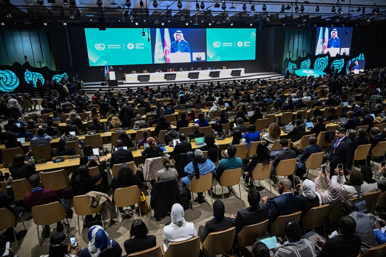 Attendees watch a speech onstage at the opening of the 2024 United Nations Climate Change Conference (COP29) in Baku, Azerbaijan.