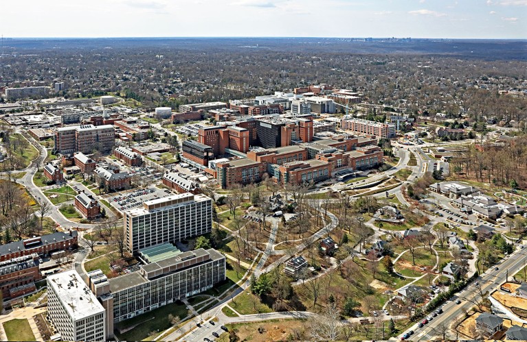 An aerial view of the National Institutes of Health campus buildings in 2022.