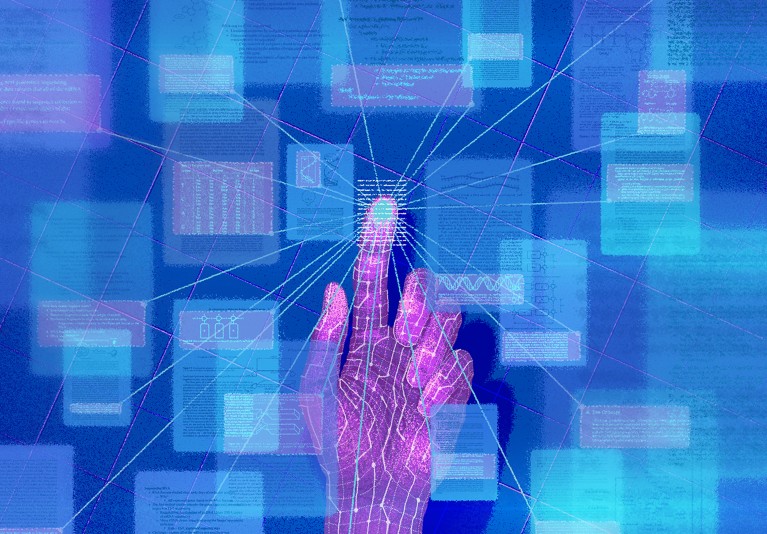 Conceptual illustration showing a digital hand connecting many scientific articles.