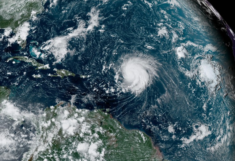 A satellite image of Hurricane Lee crossing the Atlantic Ocean