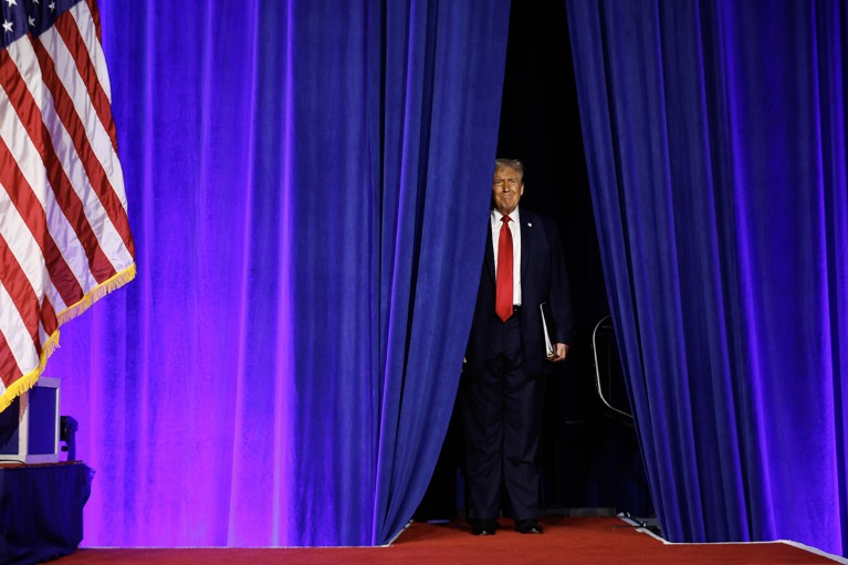 US President-elect Donald Trump parts the curtains onstage to speak at an election night event.